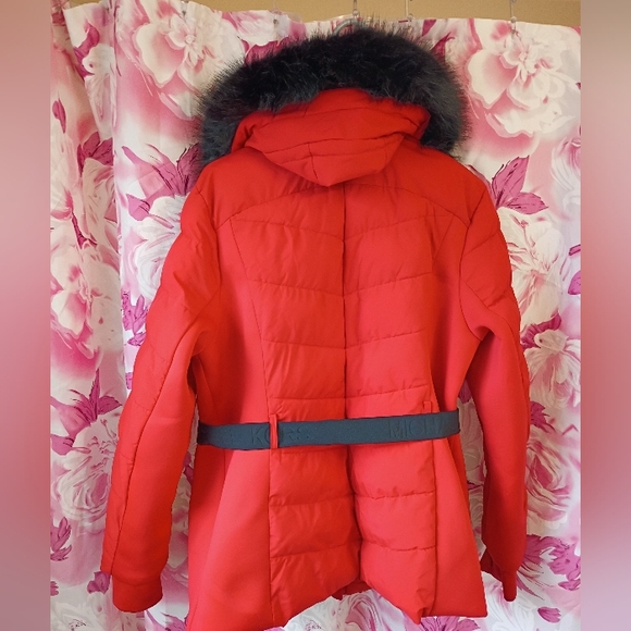 Michael Kors Red Coat Belted MK Designer Jacket  Black Fur Hood - Picture 15 of 16